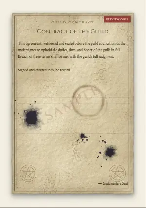 Sample Guild Contract on ink-stained paper with two arcane circles