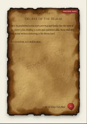 Sample Royal Decree on burned paper with a red wax seal