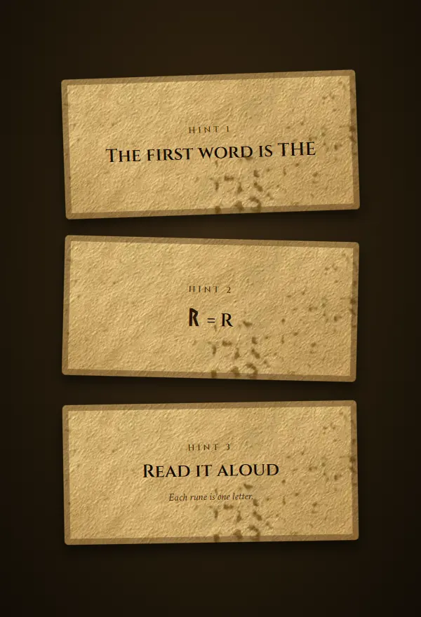 Sample hint cards: three short clues for solving the rune message
